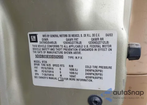 2003 Buick Rendezvous Cx z USA, uszkodzony, nr VIN 3G5DB03E33S592680